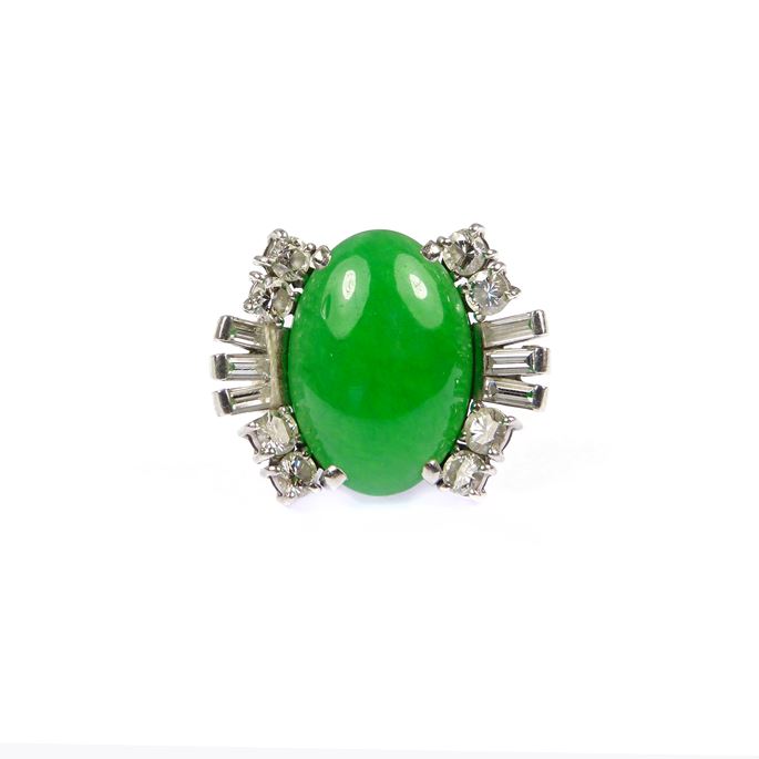 Single stone jade and diamond cluster ring, the oval jade between baguette diamond fans | MasterArt